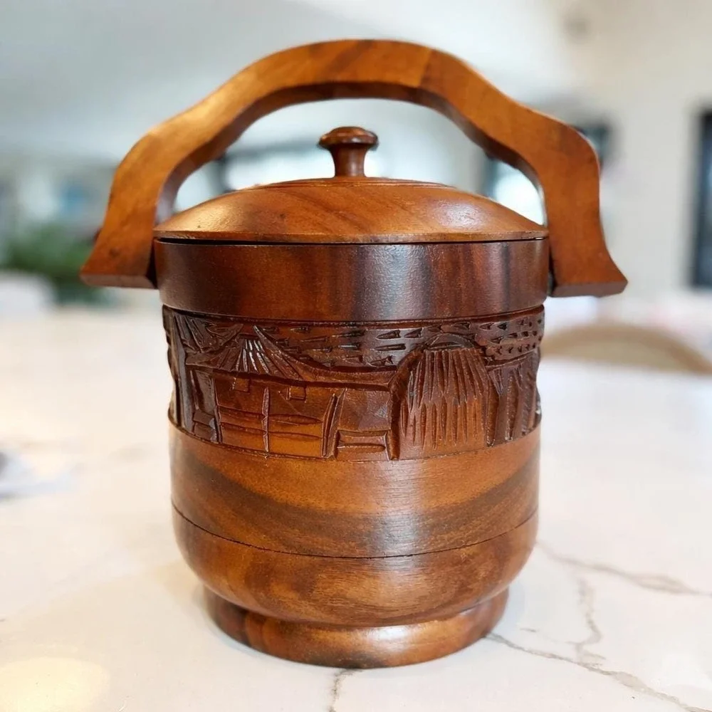 Hand Carved Wooden Tiki Bar Ice Bucket, Mid Century Barware, Polynesian Decor
